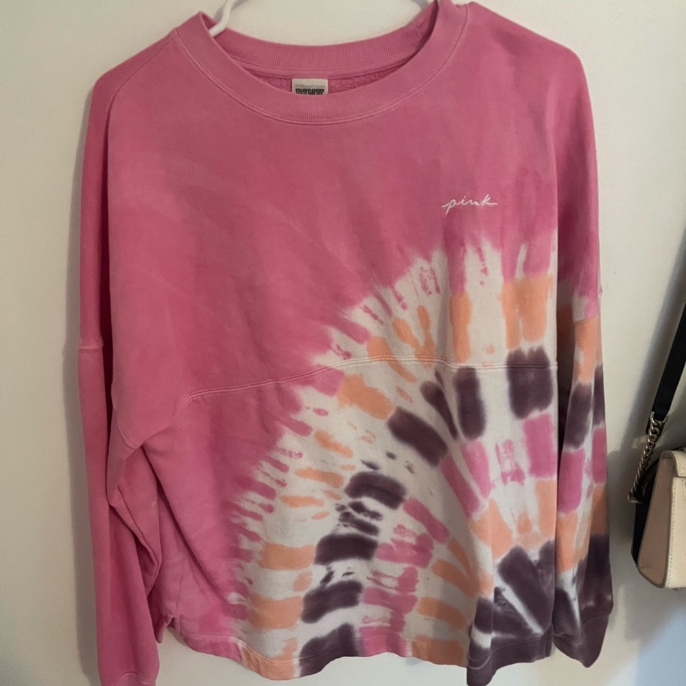 VS/PINK, tie dye, hoodie, and embroidered back.
